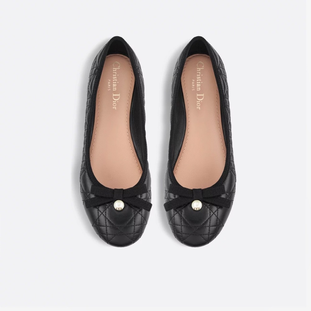 Christian Dior Ballet Flat Black Quilted Cannage Calfskin Pearl Bow size 40 - Picture 15 of 16